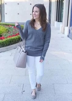 Grey V Neck Sweater with White Slim Fit Jeans