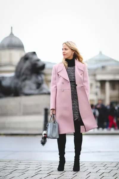 Blush Long Coat with Grey Knee Length Tweed Dress