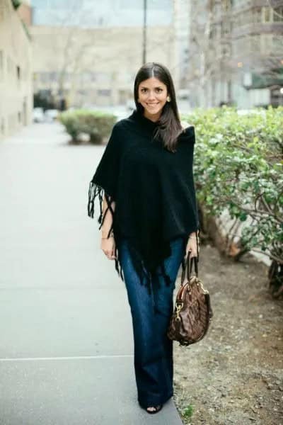 Fringe Poncho with Dark Blue Flared Jeans