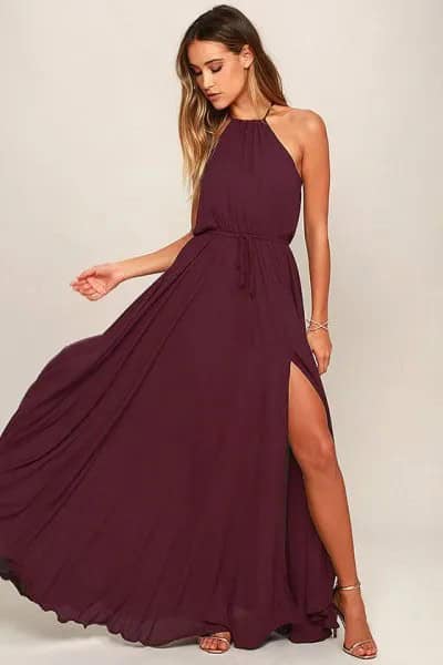 Deep Purple Halter Neck Gathered Waist Maxi Flared Dress