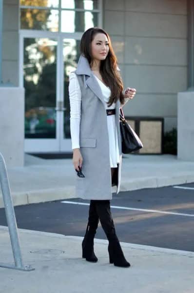 White Belted Mini Dress with Grey Sleeveless Long Jacket