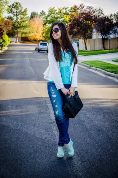 White Blazer with Grey Tank Top & Ripped Jeans