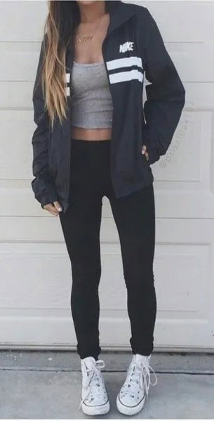 Black Windbreaker with Grey Cropped Scoop Neck Tank Top with White Canvas Sneakers