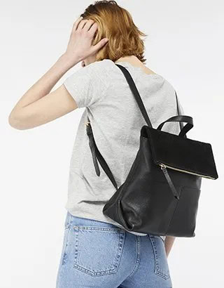 Grey T Shirt with Light Blue Skinny Jeans & Leather Backpack Purse