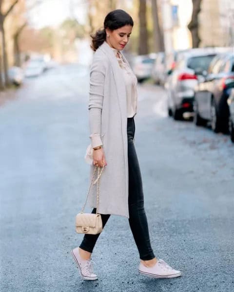 Light Grey Midi Length Cashmere Cardigan with Pale Pink Blouse & Leather Pants