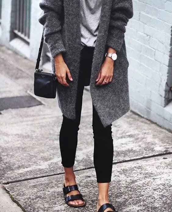 Grey Long Sweater and Black Birkenstocks