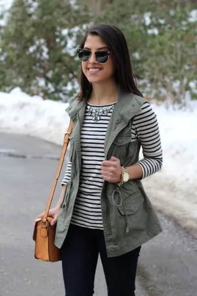 Striped Long Sleeve Tee with Silver Statement Necklace & Utility Vest