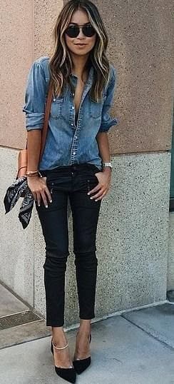 Blue Denim Button Up Shirt with Black Cropped Skinny Jeans