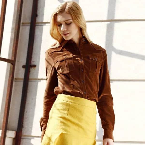 Brown Corduroy Shirt with Yellow Wool Bodycon Mini Skirt