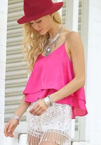 Pink Chiffon Sleeveless Top with Mini White Lace Shorts