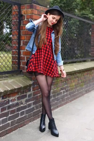 Black and Red Plaid Skater Dress with Denim Jacket & Felt Hat