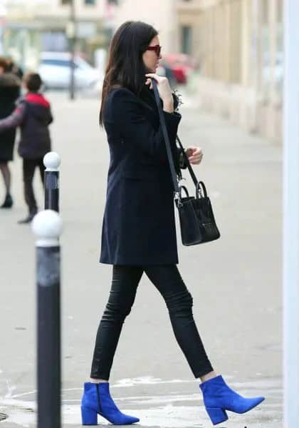 Royal Blue Suede Ankle Boots with Black Wool Coat