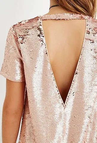 Rose Gold Sequin Low Cut Back Short Sleeve Shirt