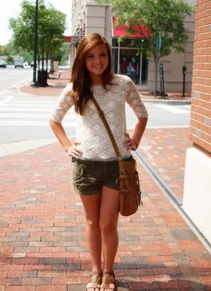 White Half Sleeve Lace Blouse with Mini Flowy Shorts