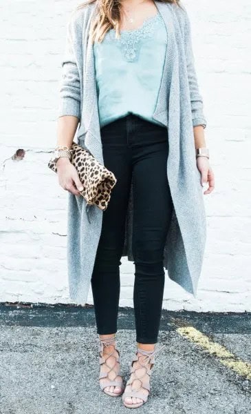 Grey Lace Camisole with Long Knit Cardigan