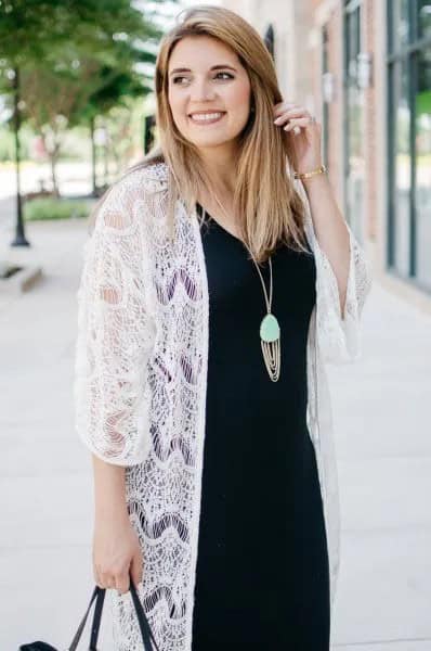 White Long Lace Kimono with Black Midi Shift Dress