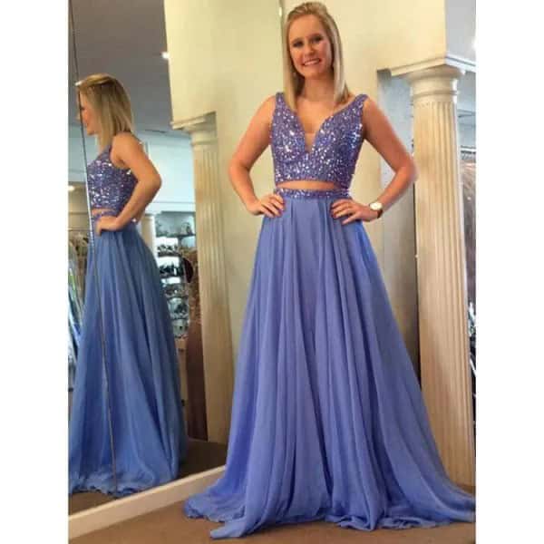 Sequin Deep V Neck Two-Piece Floor Length Blue Dress