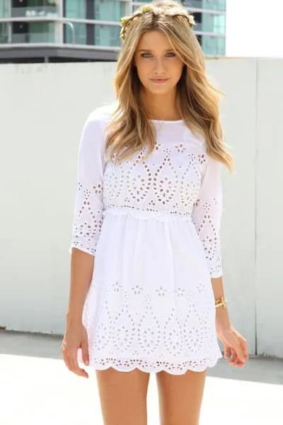 White Crochet Lace Three Quarter Sleeve Cotton Mini Dress