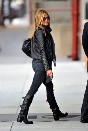 Black Leather Jacket with Skinny Jeans & Knee High Moto Boots