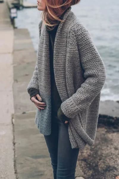 Grey Chunky Knit Cardigan with Mock Neck Sweater & Skinny Jeans