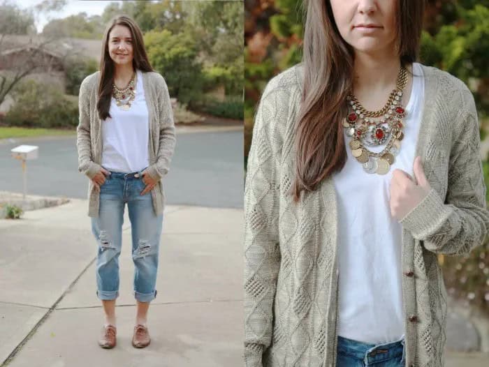 Grey Oversized Cardigan with Ripped Boyfriend Jeans