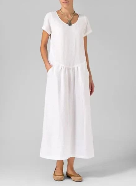 White Short Sleeve Maxi Linen Shift Dress