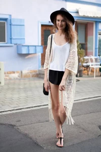 White Crochet Lace Kimono with Vest Top & Black Shorts