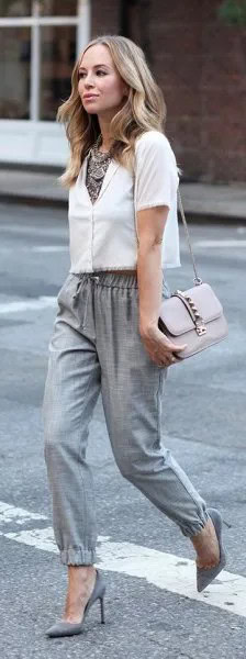 White Cropped Blouse with Silver Linen Pants