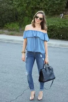 Denim Off The Shoulder Blouse with Blue Cuffed Skinny Jeans