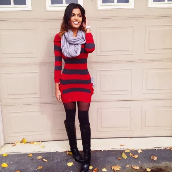 Red and Navy Striped Form Fitting Sweater Dress with Black Over The Knee Boots