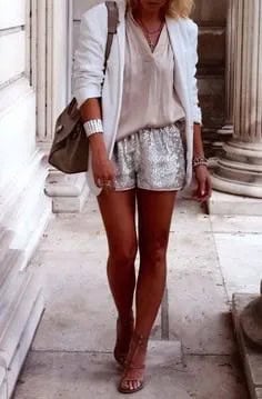 White Blazer with Blush Pink Blouse & Shiny Shorts