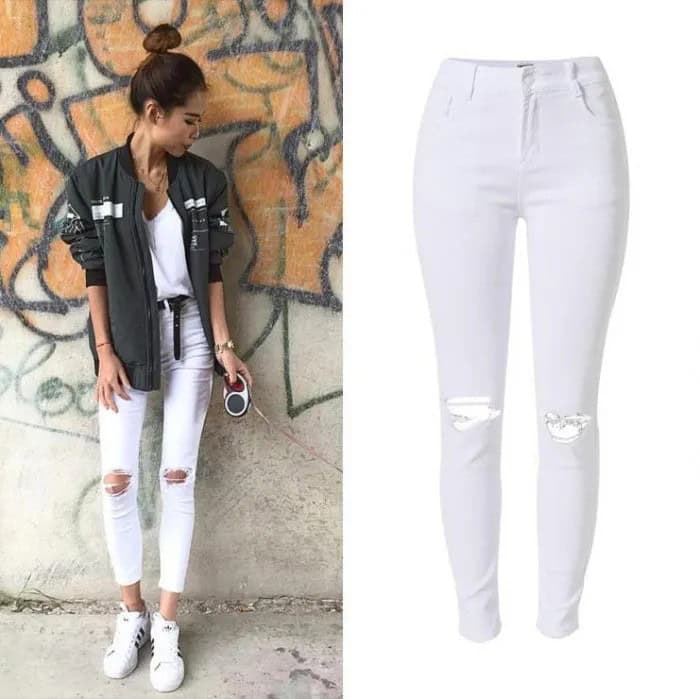 Grey Bomber Jacket with Cropped Ripped White High Waisted Skinny Jeans