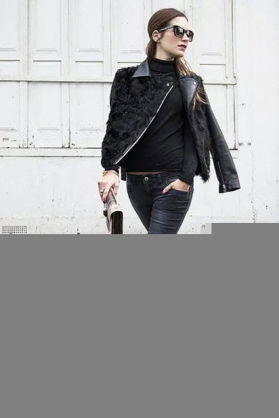 Leather Moto Jacket with Mock Neck Sweater & Zipper Spiked Boots