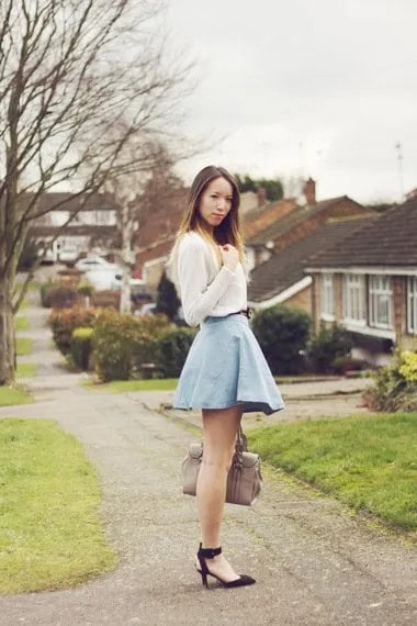 White Sweater with Light Blue High Waisted Mini Circle Skirt