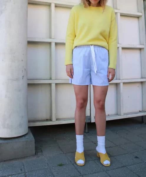 Orange Sweatshirt with Sky Blue Striped Knit Shorts & Sandals