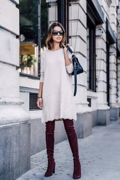 White Sweater Dress with Black Velvet Thigh High Heeled Boots