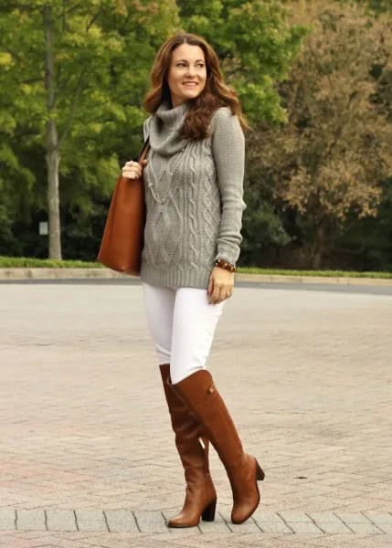 Grey Cowl Neck Cable Knit Sweater with White Skinny Jeans & Brown Boots