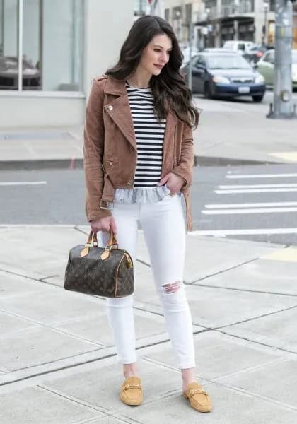 Camel Leather Jacket with Striped Tee & Mustard Yellow Backless Loafers