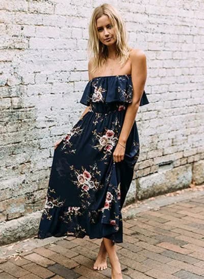 Navy Blue Floral Printed Ruffle Shoulder Maxi Dress