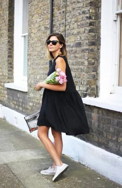 Black Knee Length Tank Swing Dress with White Sneakers