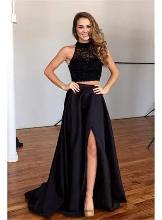 Black Mock Neck Two-Piece High Split Maxi Dress