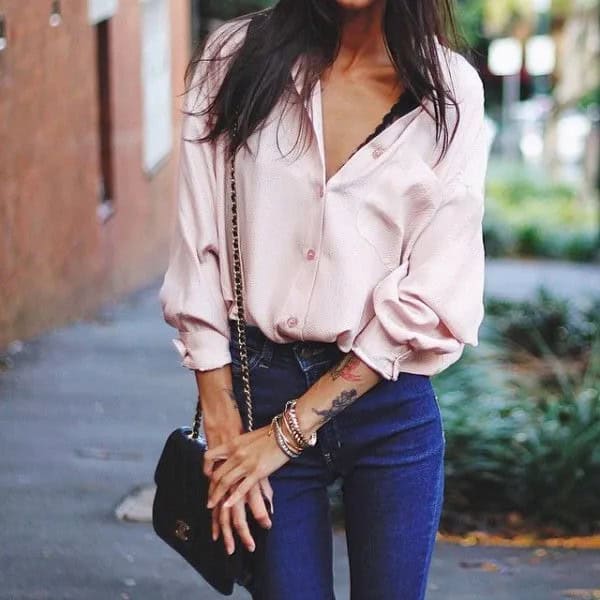 White Silk Shirt with Blue Skinny Jeans