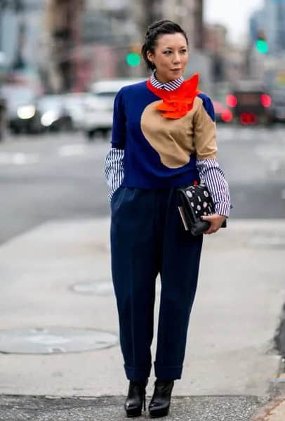 Royal Blue Sweater with Striped Round Collar Shirt & Black Pants