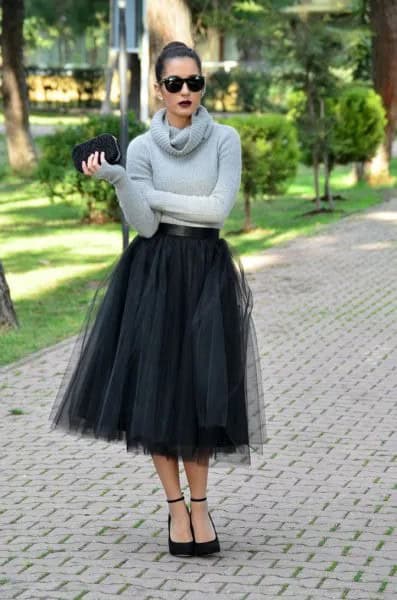 Midi Black Tulle Skirt with Grey Cowl Neck Sweater