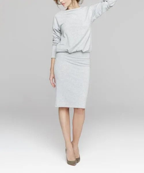 Grey Long Sleeve Blouson Knee Length Sweater Dress