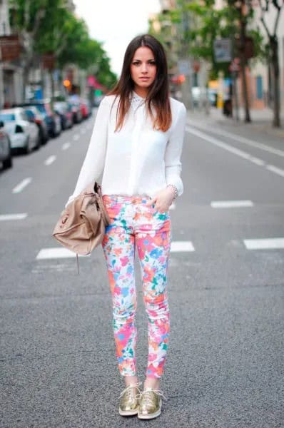 Floral Print Pants & White Semi-Sheer Shirt