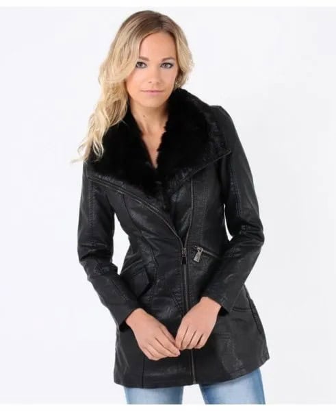 Black Faux Fur Collar Leather Coat