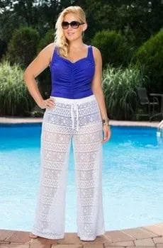 Blue Swimming Suit with White Crochet Semi-Sheer Wide Leg Pants