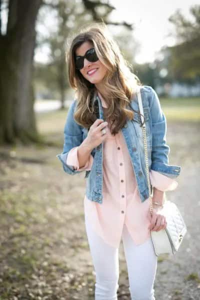 Blue Denim Jacket with White Skinny Jeans