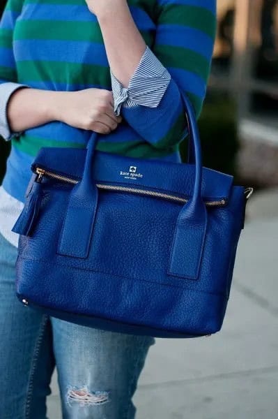 Blue and Black Striped Long Sleeve Tee with Jeans & Leather Purse